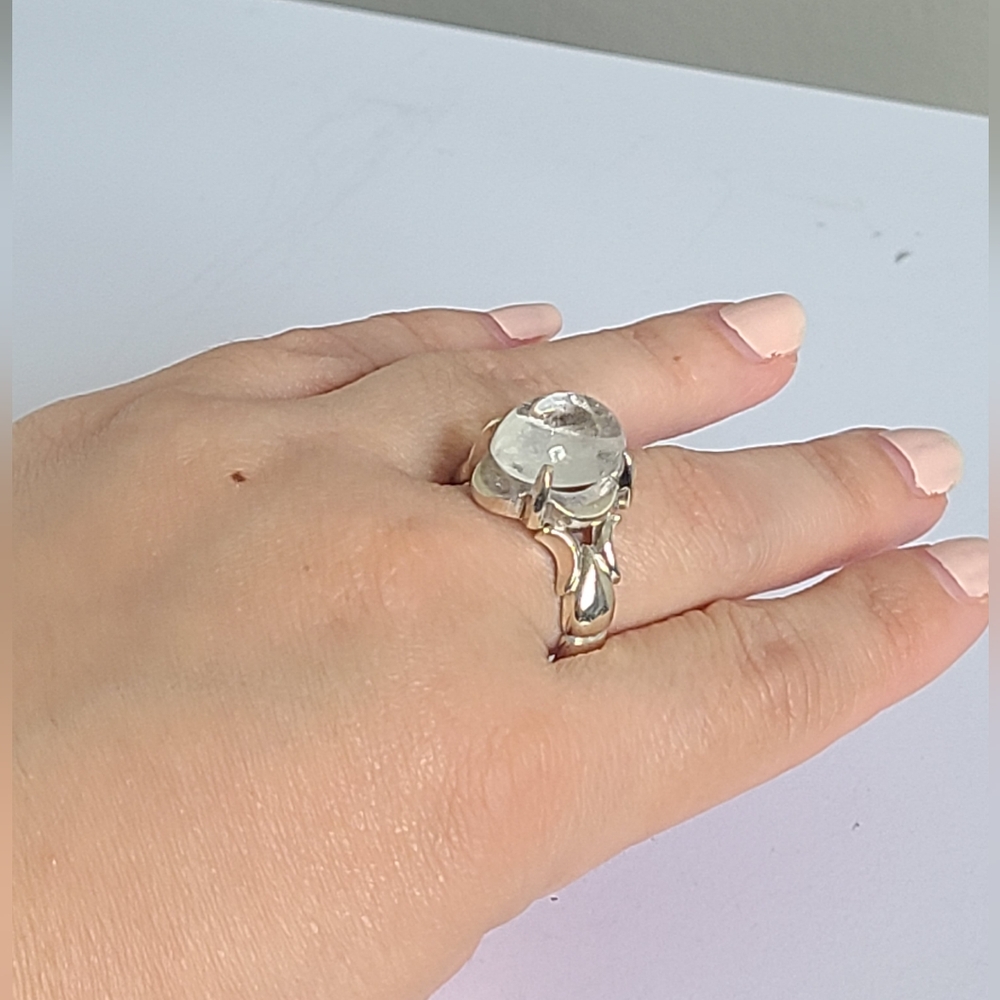 Vintage Victorian Boho Clear Quartz Cabochon Sterling Silver Cocktail Ring - Picture 2 of 13